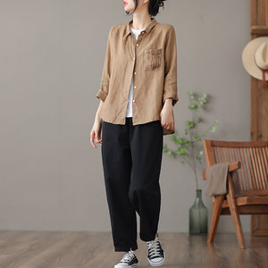 Áo sơ mi linen dài tay cổ pipi một túi xếp ly - NU6760