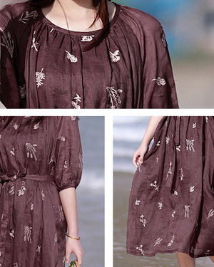 Đầm liền linen ngắn tay cổ xếp ly thêu hoa lá đơn sắc - NU8509