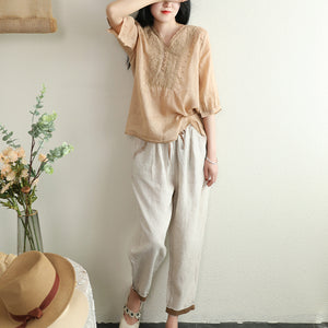Áo sơ mi linen ngắn tay cổ V thêu hoa lá đồng màu - NU7273