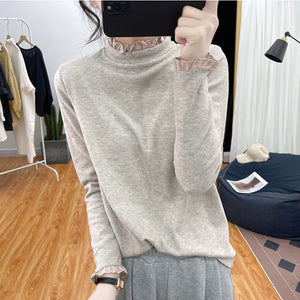 Áo T-shirt dài tay cổ lọ kiểu đính ren - NU8000
