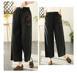Quần baggy linen lưng thun dây rút ống rộng thêu hoa lá - NU8294
