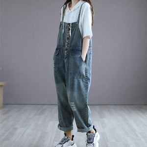 Quần baggy yếm denim retro kiểu nhiều nút - NU6630