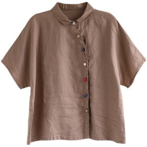 Áo sơ mi linen ngắn tay cổ pipi khuy tròn màu sắc - NU5682