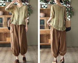 Áo sơ mi linen ngắn tay cổ lá sen ba khuy kiểu thêu hoa văn - NU7164