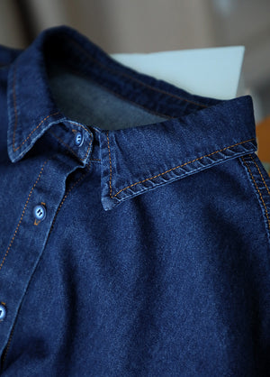 Áo sơ mi denim dài tay cổ đức form dài ba túi kiểu - NU8146