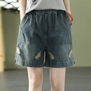 Quần sooc denim lưng thun túi vuông kiểu sờn rách - NU7119