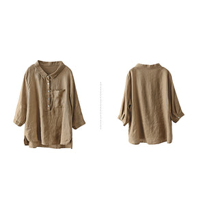 Áo sơ mi linen ngắn tay cổ đức khuy cài sát túi - NU5604