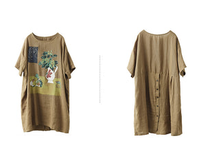 Đầm liền linen ngắn tay cổ tròn in bức tranh tĩnh vật - NU8668