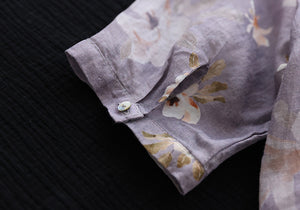 Áo sơ mi linen ngắn tay cổ pipi khuy cài sau in hoa lá - NU7407