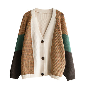 Áo khoác len cardigan dài tay cổ V ba khuy phối màu sắc - NU7783
