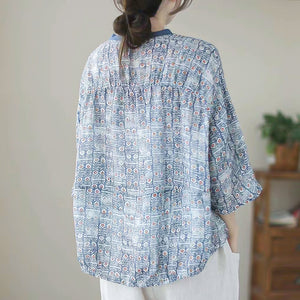 Áo T-shirt linen ngắn tay cổ tròn bo thun in hoa văn - NU7302