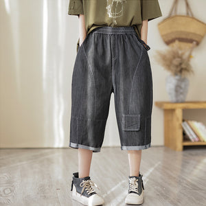 Quần baggy lửng denim lưng thun một túi vuông kiểu - NU8602