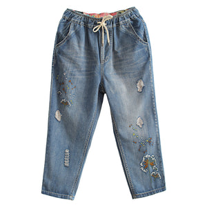Quần baggy denim thêu hoa bồ công anh - NU3794 - kamaka.vn - thời trang nhật