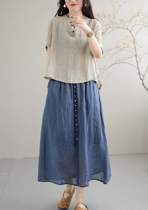 Áo T-shirt linen ngắn tay cổ tròn bốn khuy - NU7421