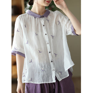 Áo sơ mi linen ngắn tay cổ pipi lệch màu thêu bông hoa cô đơn - NU7399