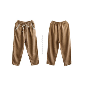 Quần baggy linen lưng thun dây rút hai túi viền thêu hoa văn - NU7167