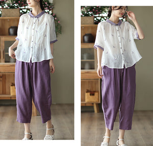 Áo sơ mi linen ngắn tay cổ pipi lệch màu thêu bông hoa cô đơn - NU7399