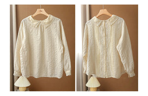 Áo sơ mi linen dài tay cổ tròn đính bèo thêu hoa lá hai chiều - NU6684