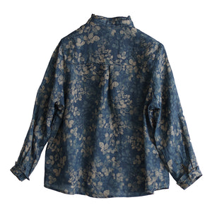 Áo sơ mi linen dài tay cổ đứng xếp ly in những chiếc lá - NU8290