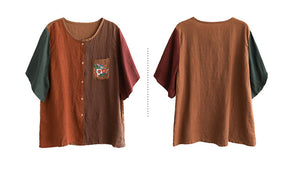 Áo sơ mi linen ngắn tay cổ tròn mảng màu thêu hoa trước túi - NU7053