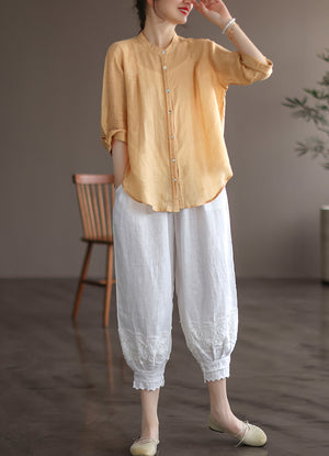 Quần baggy linen lưng thun ống túm thêm hoa lá - NU6990