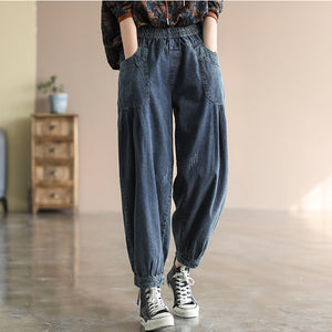 Quần baggy denim lưng thun xếp ly gấu túm - NU6685