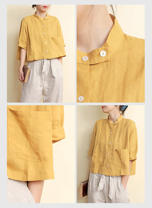 Áo sơ mi linen ngắn tay cổ đứng hai túi vuông  - NU7418