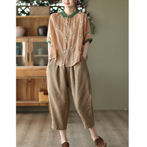 Áo sơ mi linen ngắn tay cổ pipi lệch màu thêu bông hoa cô đơn - NU7399