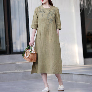 Đầm liền linen ngắn tay cổ tròn một khuy thêu hoa lá - NU8506