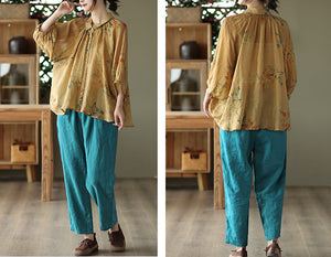 Áo sơ mi linen ngắn cổ pipi xếp ly in bụi hoa - NU7435
