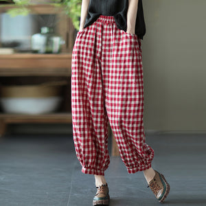 Quần baggy linen lưng thun kẻ sọc caro ống túm - NU7111