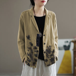 Áo khoác vest linen dài tay hai túi tròn in hoa lá - NU7873