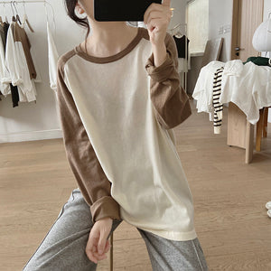 Áo T-shirt dệt kim dài tay phối lệch màu cổ tròn - NU8099