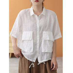 Áo sơ mi linen ngắn tay cổ đức hai túi vương có dây rút - NU7491