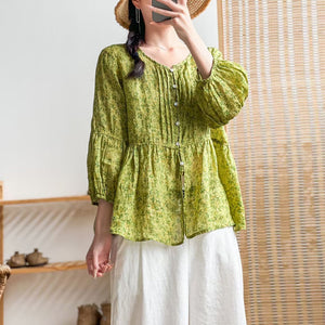 Áo sơ mi linen tay lửng cổ tròn xếp ly in hoa liti - NU7214