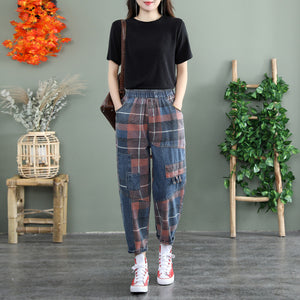 Quần baggy denim retro lưng thun kẻ sọc caro - NU8205