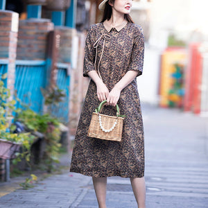 Đầm liền linen ngắn tay cổ pipi khuy chéo in hoa liti - NU8277