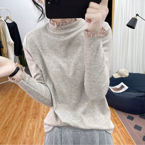 Áo T-shirt dài tay cổ lọ kiểu đính ren - NU8000