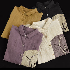 Áo sơ mi linen dài tay cổ đức thêu hoa lan  - NU6724