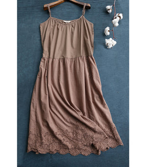 Đầm liền linen hai dây form xòe thêu hoa lá - NU6941