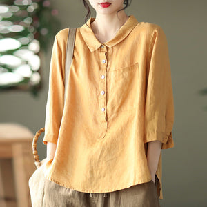 Áo sơ mi linen ngắn tay cổ đức khuy cài sát túi - NU5604