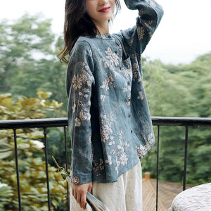 Áo sơ mi linen dài tay cổ đứng in màu nước một túi vuông - NU6740