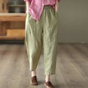 Quần baggy linen lưng thun kiểu đai đính khuy - NU7335