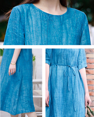 Đầm liền linen ngắn tay cổ tròn một màu hai túi - NU8432
