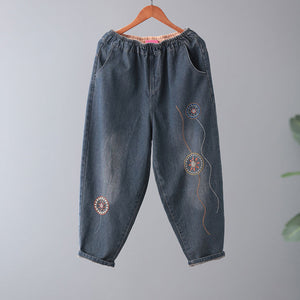 Quần baggy denim lưng thun thêu vòng tròn trừu tượng - NU7787