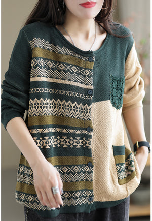 Áo khoác len cashmere dài tay cổ tròn hoa văn trừu tượng hai túi - NU7767