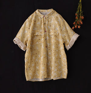 Áo sơ mi linen ngắn tay hai túi vuông in những chú chim - NU7433