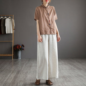 Áo sơ mi linen ngắn tay cổ pipi khuy tròn màu sắc - NU5682