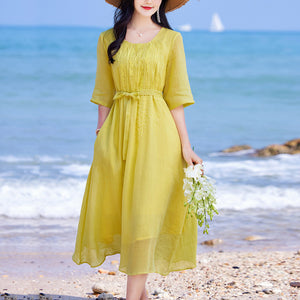 Đầm liền linen ngắn tay cổ tròn thêu bông lúa mạch - OD0738
