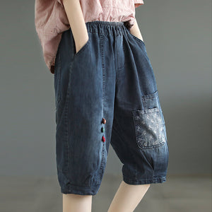 Quần baggy lửng denim lưng thun  hai túi kiểu đính màu sắc - NU8637